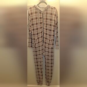 MeUndies Plaid Cozy Jumpsuit - Red, Black, Gray S/M Micromodal/Elastane Hooded‎
